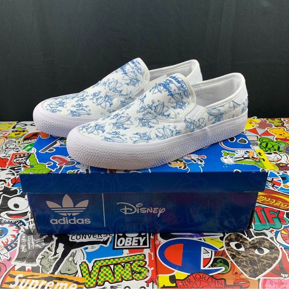 adidas x Disney White Slip-On Sneakers with Blue Print